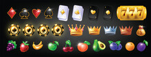 3D Casino Icon Set, Vector Game UI Slot Vegas Element Kit, Cartoon Fruit, Golden Trophy Crown, Cards. Roulette Victory Chips, Luxury Jackpot Bonus Sign, Gambling Slot Symbol. Casino Icon Assets