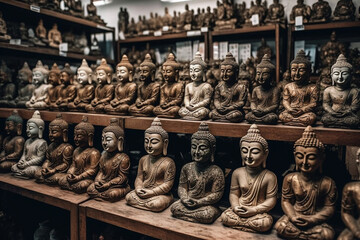 Portrait of a buddha in statue format on the local market. Religion and spirit. Golden Buddha statues on the local market close-up. Buddha as a symbol of Buddhism in Thailand and Asia. Generative AI