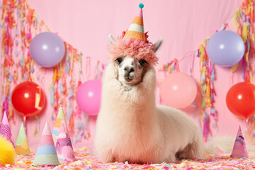 Wall Mural - Cute funny llama wearing birthday hat, birthday greeting banner, copy space 