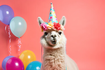 Wall Mural - Cute funny llama wearing birthday hat, birthday greeting banner, copy space 