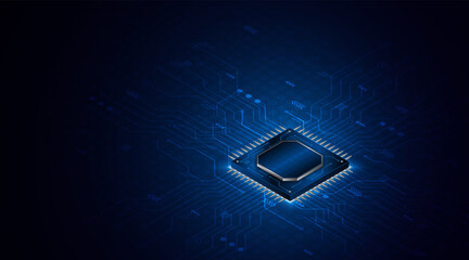 Leinwandbilder - Microchip processor circuit board technology on dark blue background. Information Processing Concept. Circuit board hi-tech technology background. vector illustration
