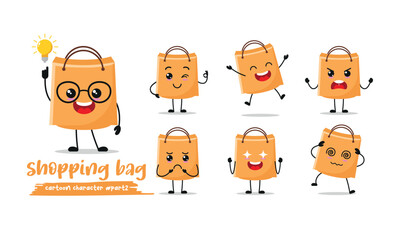 Wall Mural - cute shopping bag cartoon with many expressions. paper bag different activity pose vector illustration flat design set.