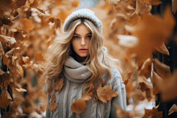 Wall Mural - Portrait of a girl, autumn scene, autumn forest and falling orange leaves around 