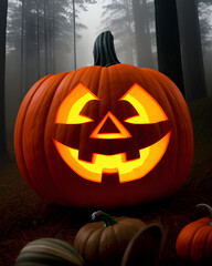 Sticker - Halloween pumpkin on a dark and misty forest  background