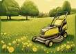 Gelber Rasenmäher auf Wiese mit Bäumen, Illustration
