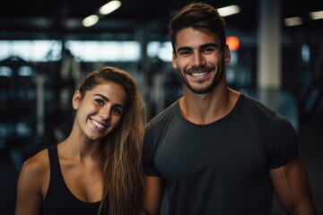 Wall Mural - Beautiful sports girl stands next to the athlete in the gym, athletes, gym