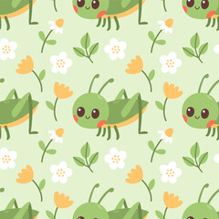 Wall Mural - Seamless pattern of grasshopper, flowers and green leaf on green background vector illustration.
