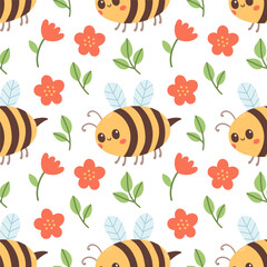 Wall Mural - Seamless pattern of bee, red flowers and green leaf on white background vector illustration.
