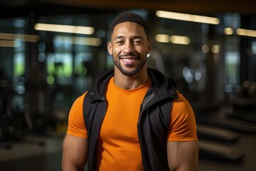 Wall Mural - Handsome athletic man smiling at the gym, fitness trainer, sport, gym, body builder