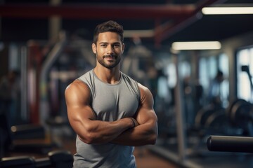 Handsome athletic man smiling at the gym, fitness trainer, sport, gym, body builder