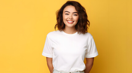 Young woman wearing bella canvas white shirt mockup, at yellow background. Design tshirt template, print presentation mock-up.