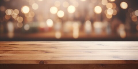 Wall Mural - Empty wooden table with cityscape bokeh background, generative ai