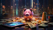 finance, investment, profit, background, economy, financial, growth, money, exchange, wealth. investment benefits piggy bank surrounded by coins and banknotes building financial success.