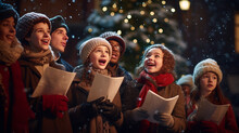 Teenagers Carolers Singing Traditional Songs Under Vintage Street Lamps In Charming Old Town Square. Banner. Generative Ai Content.