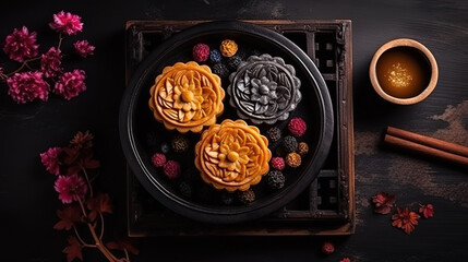 Wall Mural - High angle shot of mooncakes on a wooden surface. Generative Ai