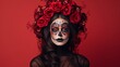 Studio shot of lovely woman wears halloween makeup, dressed in black outfit, red wreath, has zombie image, looks with scaring expression, isolated over rosy background Generative AI