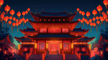 Traditional Chinese Buddhist Temple At Night Illuminated For The Mid-Autumn Festival. Generative Ai