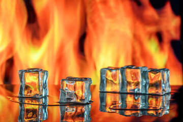 Wall Mural - ice cubes on the background of flames, cocktail bar