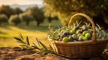 Wicker Basket With Fresh Olives And Olive Trees In The Background