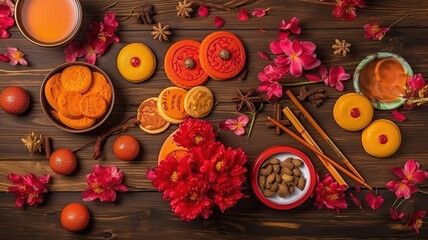 Wall Mural - New year fortune cookies and flowers,Chinese new year concept with fortune cookies. Generative Ai
