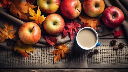 Wall Mural - Autumn Typography Over Rustic Wood Background with Apples, Books, Coffee, Leaves and Blanket. Generative Ai