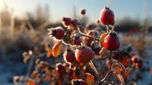 Red Rosehip Berries With Snow. A Wild Rose Shrub With Frost And A Blue Sky In The Background. Generative Ai