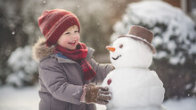 Child Bundled Up In Winter Gear, Beaming With Excitement While Putting The Finishing Touches On A Snowman In The Front Yard. Banner. Generative Ai.