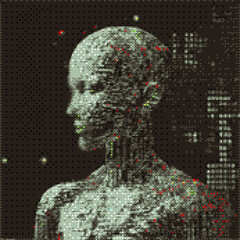 Aufkleber - 3D pixelated face of a robotic human head. Vector 8-bit style illustration.
