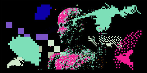 Aufkleber - 3D pixelated face of a robotic human head. Vector 8-bit style illustration.