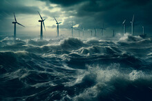 Wind Turbines On A Stormy Sea. Storm At Sea