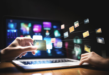 Hand extending a credit card towards a computer monitor, showing a webpage filled with vibrant icons of various deals, online Black Friday shopping. Banner. Generative Ai content.