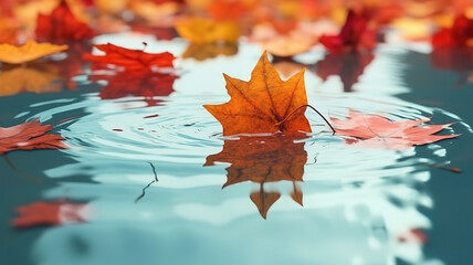 Wall Mural - Maple leaves floating on the pool water,Autumn, red maple tree, autumnal ornament, fall. Generative Ai