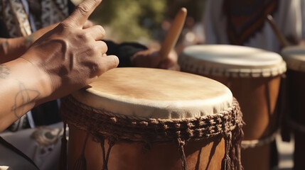 Close up of drummer hands playing drum. Generative Ai