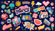 Sticker Pack Collection. 80s and 90s vintage pins. Set of cool patches vector design. Abstract retro badges. Love, lips, bang, fire, lol, flash, best, wow,hi. 