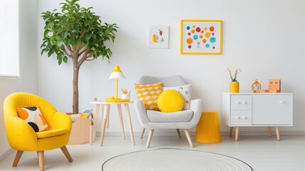 White child's bedroom interior design with vivid vibrant summer color furniture. Generative AI