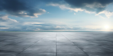 Wall Mural - the horizon and the cloudy sky as a background, in the foreground an empty square. ai generated.