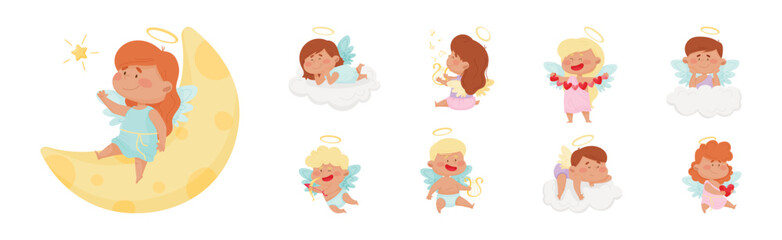 Canvas Print - Cute Baby Angels with Nimbus and Wings Vector Set