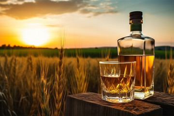 Barley field at sunset. In the foreground is a bottle of cognac or whiskey and a glass. AI generated.