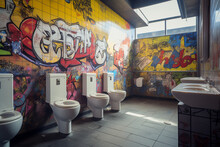 Futuristic Toilet With Toilet Bowls And Graffiti On The Walls.