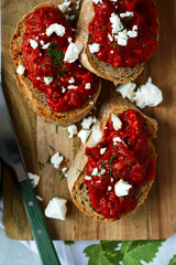 Canvas Print - Lutenitsa  bulgarian dip with roasted pepper. top view .