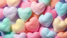 Colorful Heart Shape Cotton Candy, Pastel Color Background. Close Up Of  Cute  Cotton Candy Representing Love And Romance. Lovely Valentine Sweet  Backdrop. Top View, From Above, Flat Lay.