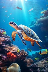 Wall Mural - Sea turtle surrounded by colorful fish underwater.