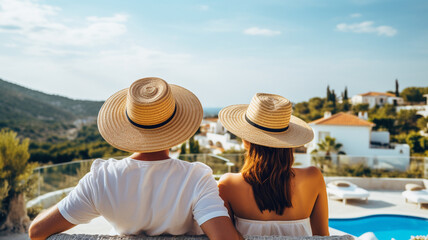 Wall Mural - Couple is vacationing on a Greek island. A man and a woman in straw hats admire the sea.