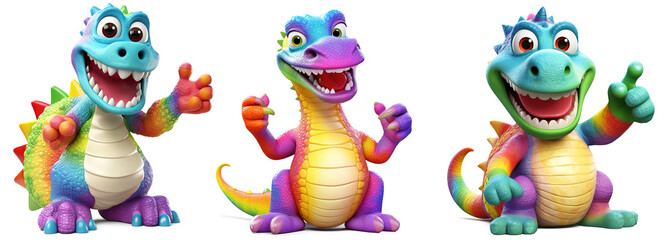 Wall Mural - collection of happy colorful baby dragon 3D render character cartoon style Isolated on transparent background