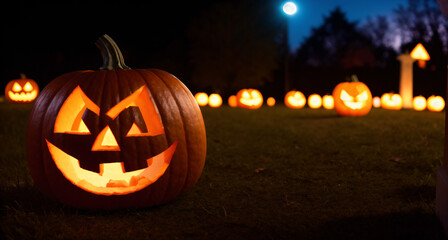 Wall Mural - Laughing carved Halloween pumpkins on the lawn at night. Spooky wallpaper with a glowing Jack-o-lantern on the grass as a decoration for October 31st