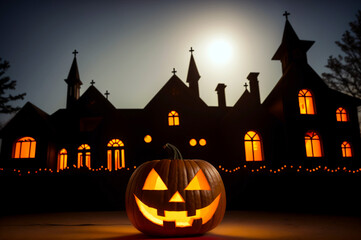 Wall Mural - Spooky carved Halloween pumpkin with glowing eyes and a cursed house in the background. Autumn holiday wallpaper with creepy laughing jack-o-lantern and haunted castle, mansion at night