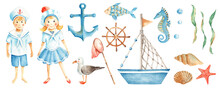 Watercolor Children Baltic Sea Set. Cute Little Sailor Boy And Girl, Wooden Steering Wheel, Ship, Nautical Anchor, Fishing Net, Seaweeds, Seahorse, Fish, Seagull, Red Starfish, Sea Shells, Water