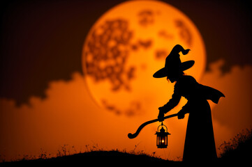 Wall Mural - Black silhouette of a witch in a hat with a lantern on the background of night sky and a big moon. Wallpaper with full moon and wizard as Halloween mascot 