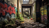 Fototapeta Uliczki - Graffiti covered concrete jungle: weathered brick walls adorned with vibrant street art, moss creeping into corners, concrete aged by time, rusted metal structures, urban decay