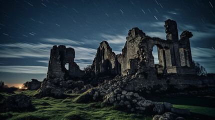 Wall Mural - Ghostly ruins under a star - filled sky, remnants of an old castle, long exposure, enigmatic and eerie